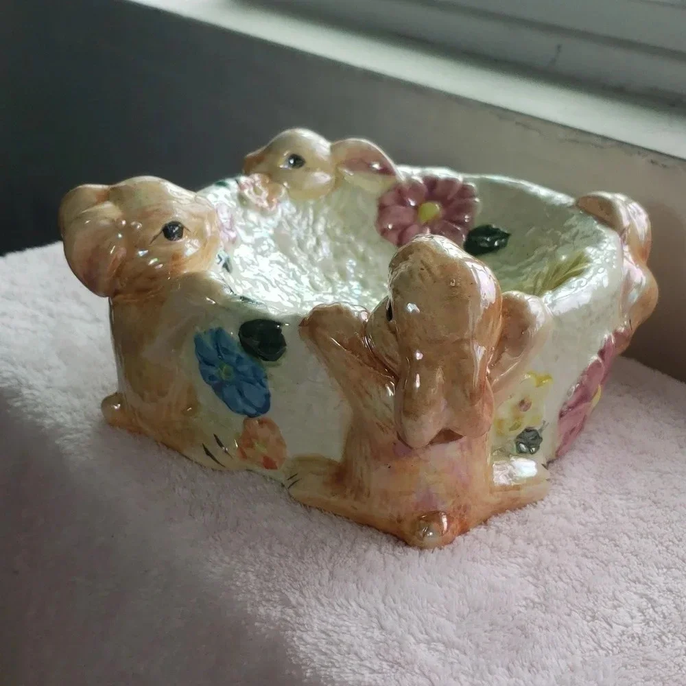 Pretty Petals Pearlized Bunny Ceramic Bowl/Planter